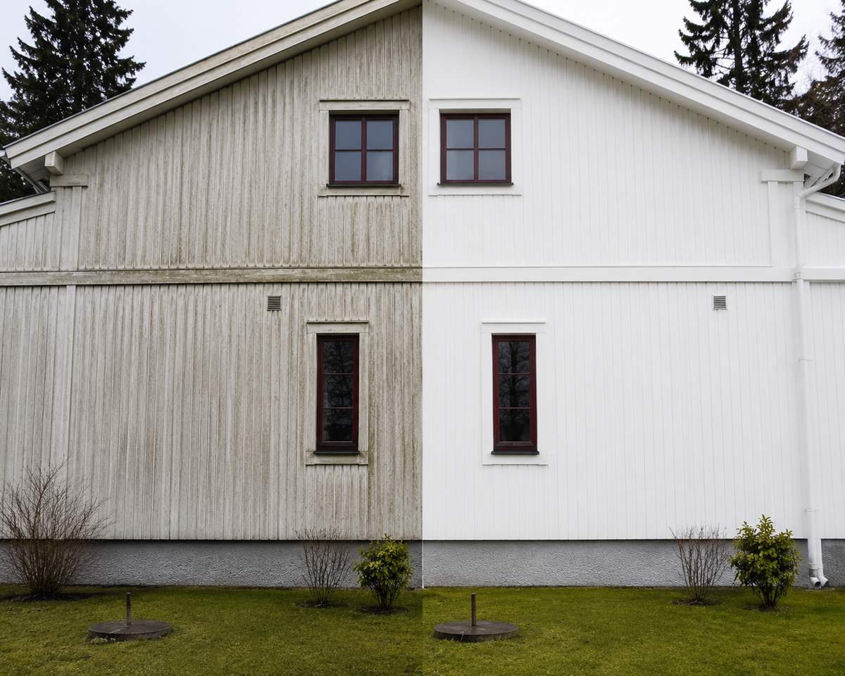 Före och efterbild fasadtvätt i Danderyd