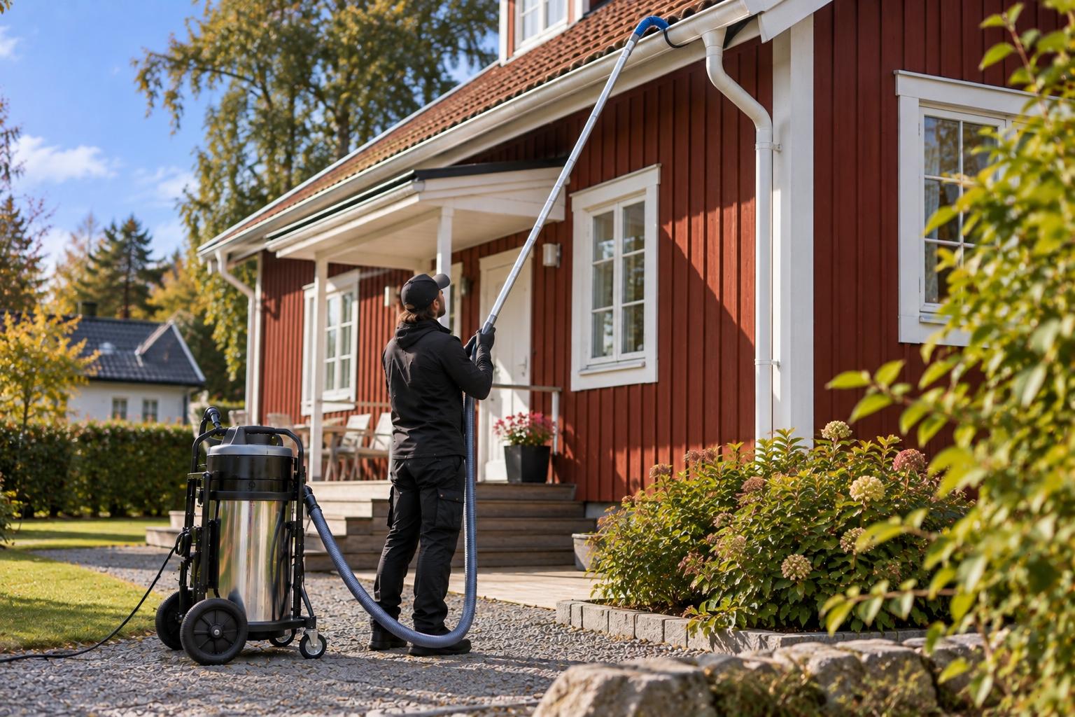 Kundcase rensning av hängrännor i Stockholm med professionellt vakuumsystem